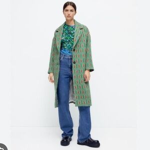 Zara Green Jacquard Coat 100% Wool - Size M-L